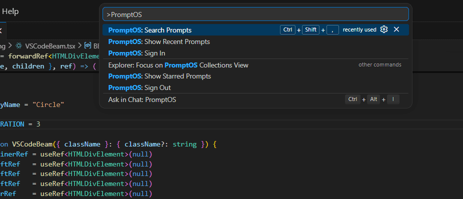 PromptOS command palette in VS Code